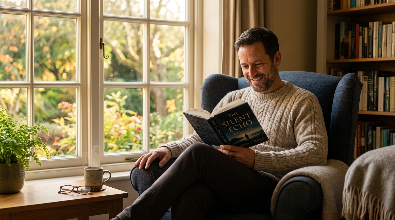 man reading book with complete focus and contentment
