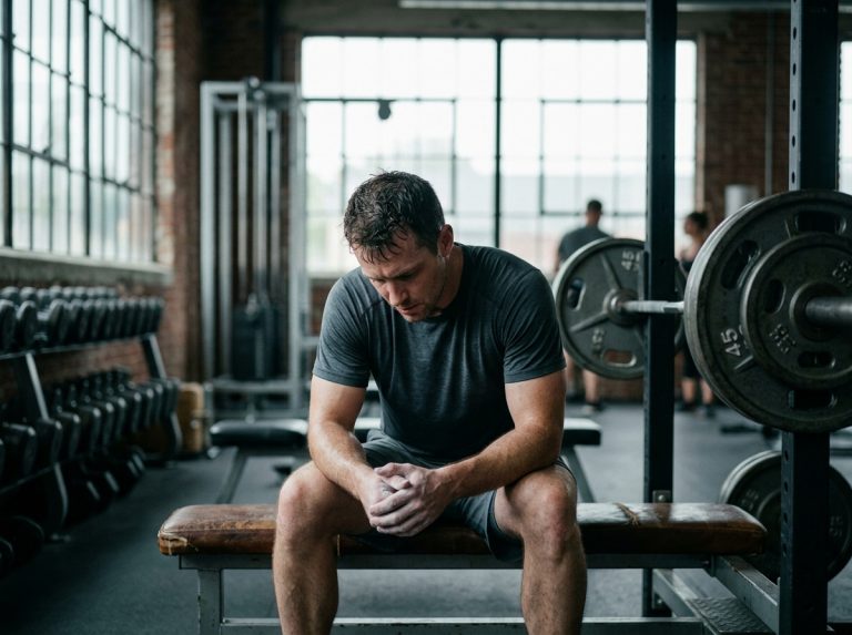 exhausted man resting between weightlifting sets