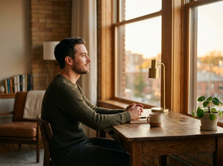 man contemplating peacefully at desk in golden light