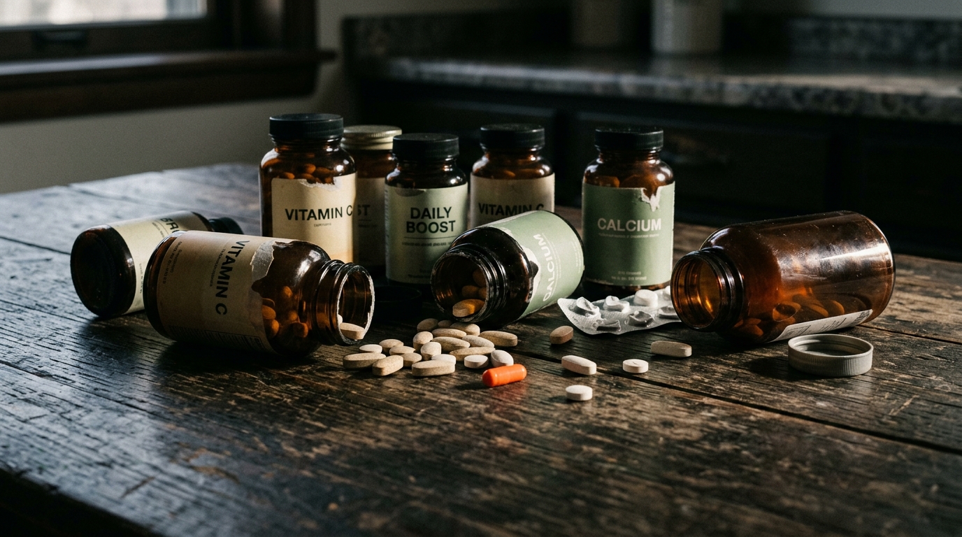 scattered stress supplements on wooden surface