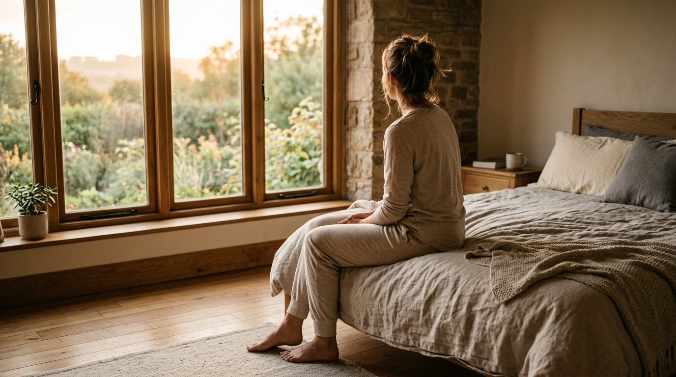 woman sitting peacefully by morning window