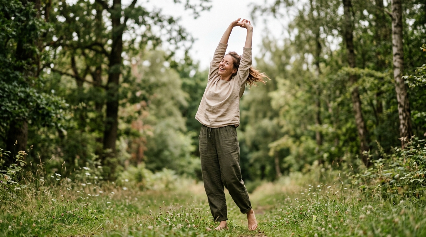 woman stretching joyfully in natural setting