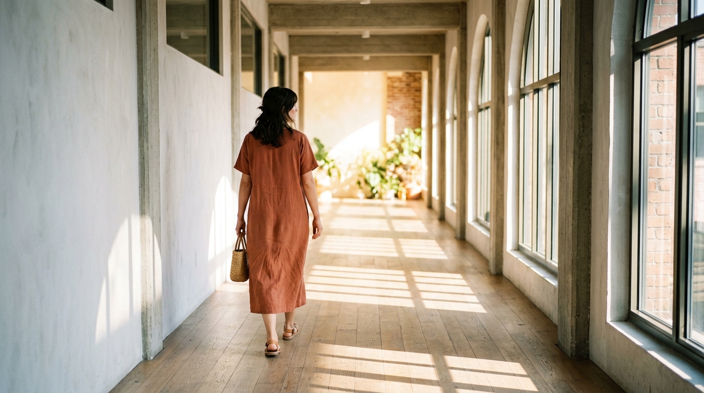 woman walking toward bright morning light