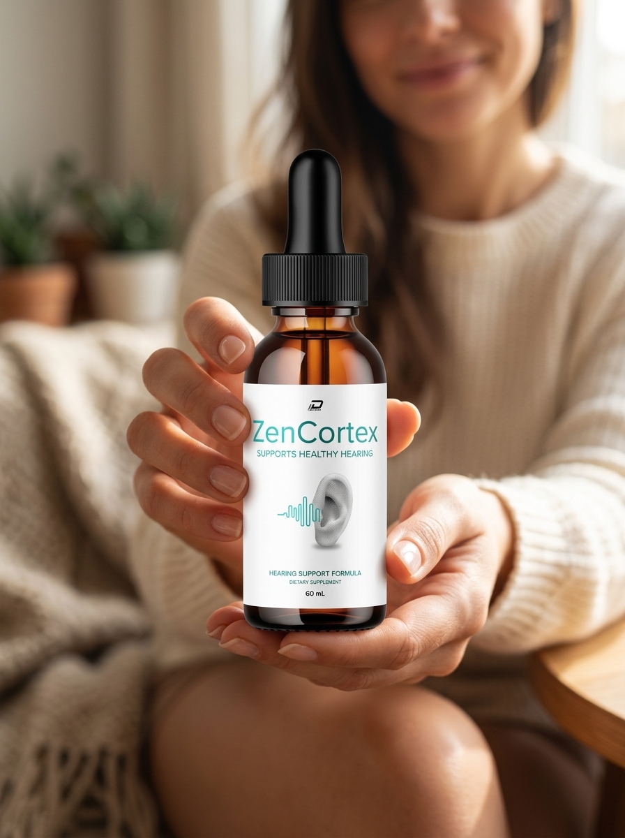 ZenCortex hearing brain health supplement bottle hands