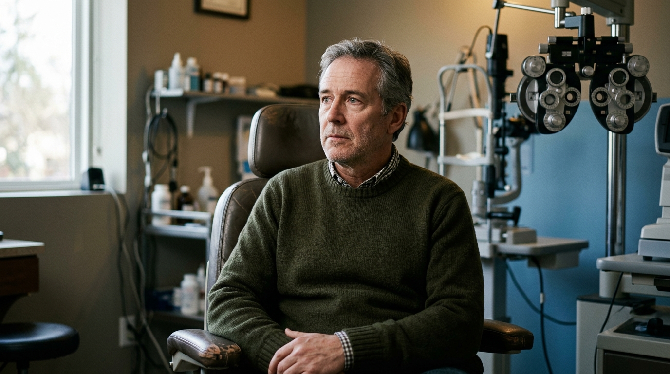 man optometrist office examination chair contemplative expression