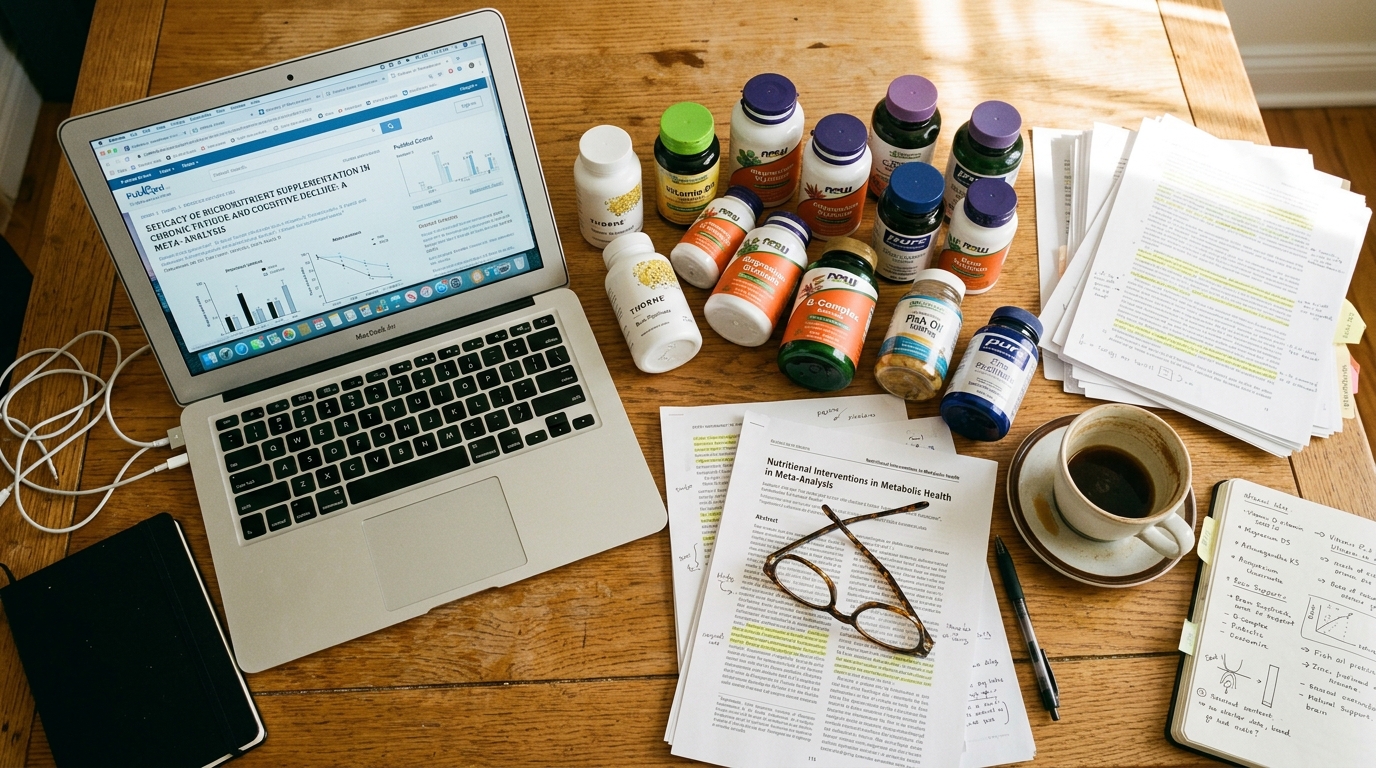 supplement bottles research papers desk overhead view scattered