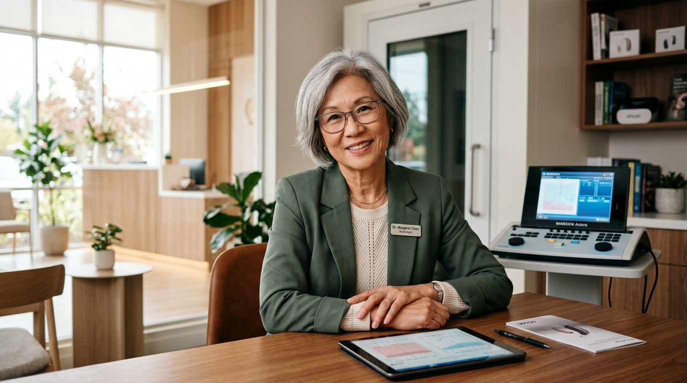 female audiologist professional clinic confident knowing expression