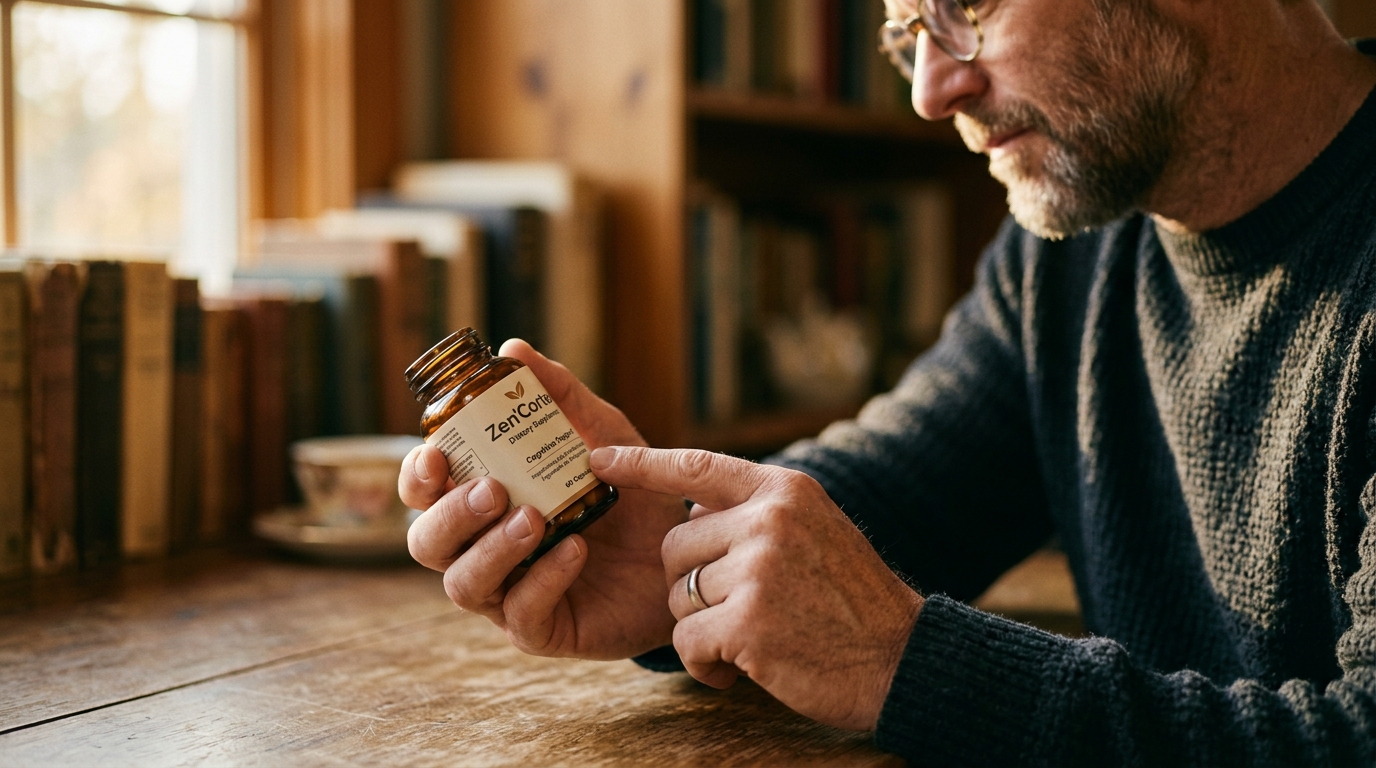 hands holding supplement bottle reading information warm light