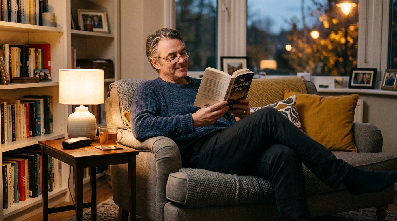 man reading comfortably evening light relaxed natural posture