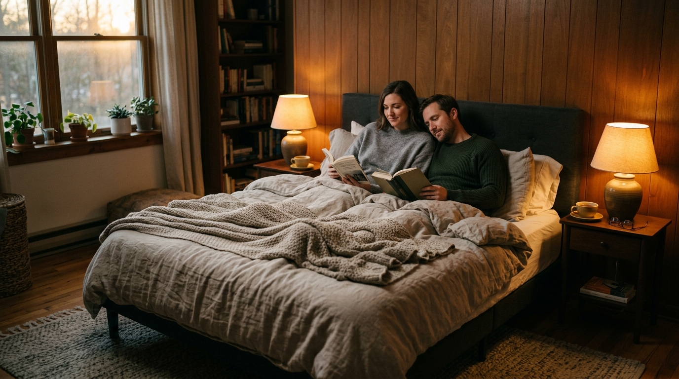 couple reading bed together warm lamplight content peaceful