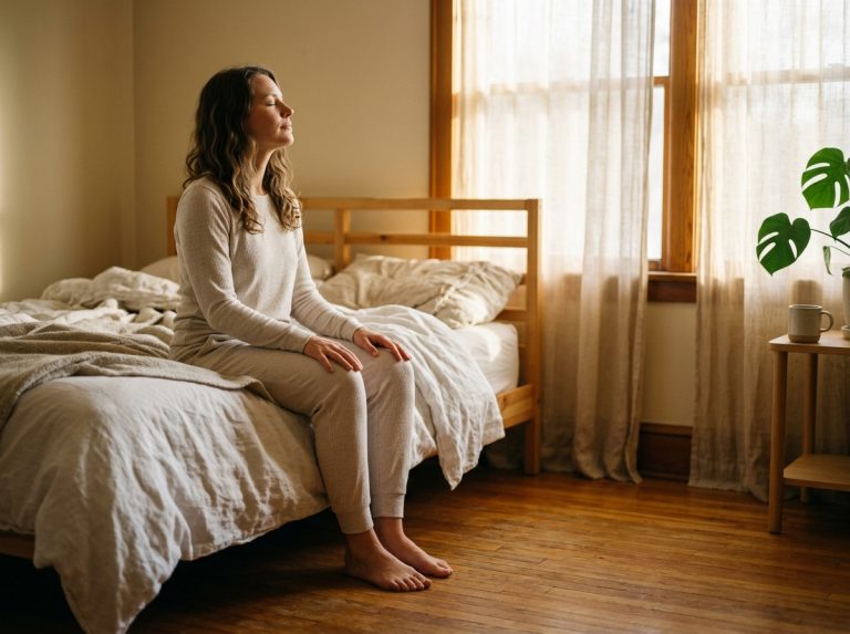woman sitting peacefully on bed in morning light
