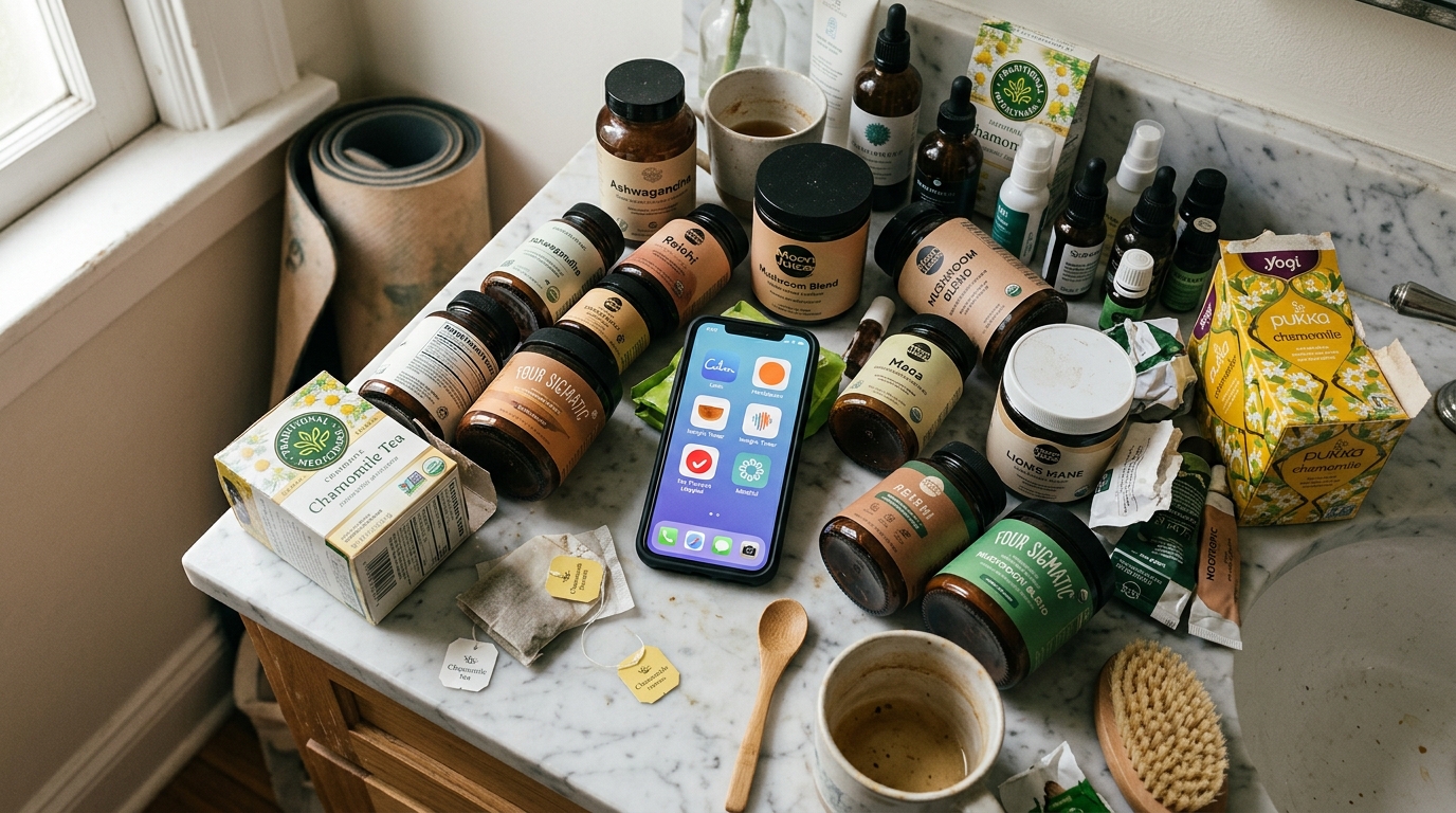 cluttered counter with various stress relief products apps