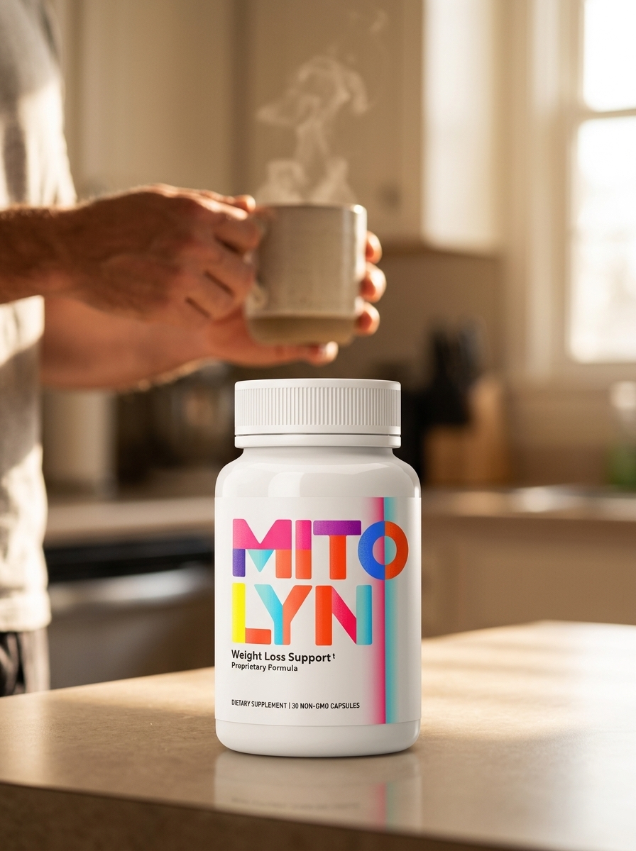 Mitolyn supplement bottle morning coffee routine