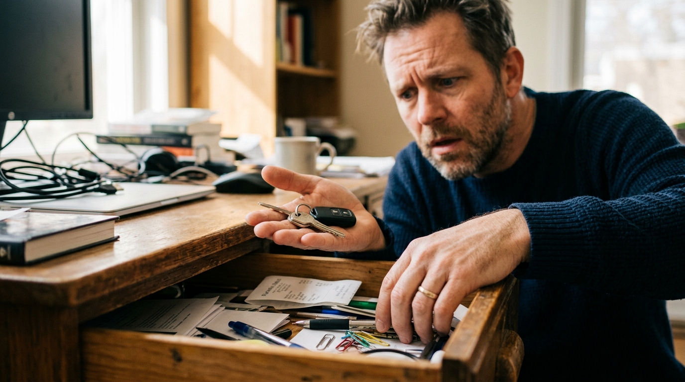 Man searching for keys while holding them during a brain fog moment