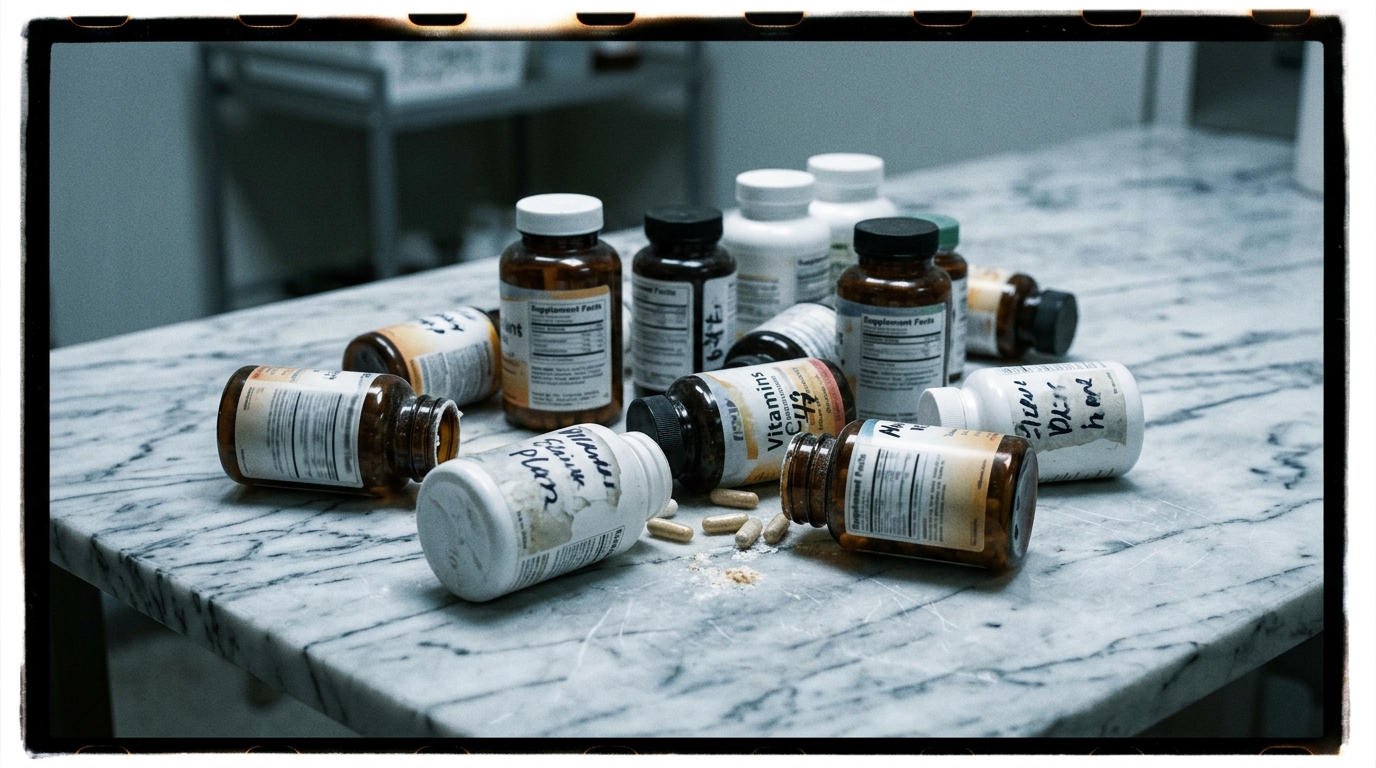 Scattered supplement bottles showing the problem with random focus stacks