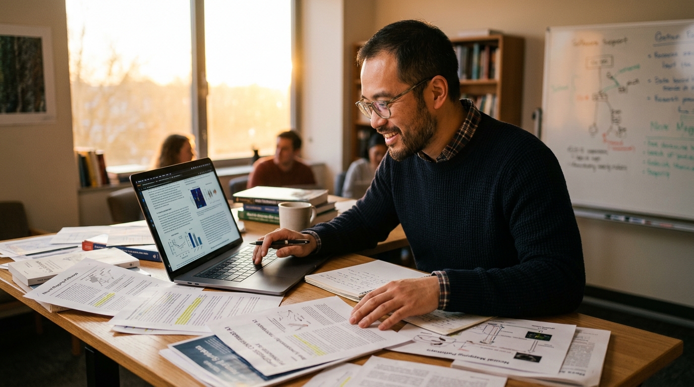 Man researching focus supplements at a standing desk