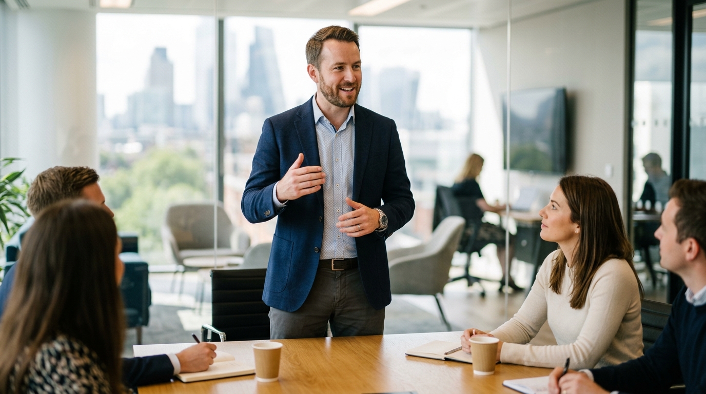 Confident man leading an office discussion after steadier focus support