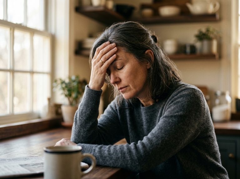 woman reflecting quietly morning kitchen light