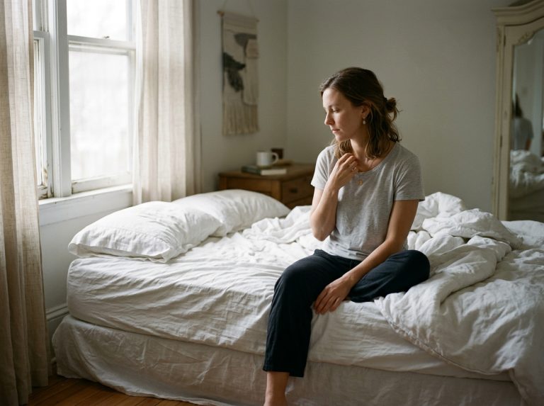 woman sitting peacefully on bed in morning light