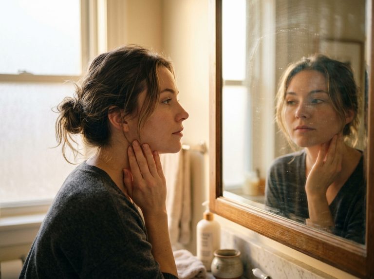 woman contemplating reflection in bathroom mirror