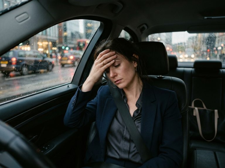 Woman experiencing mental exhaustion in car