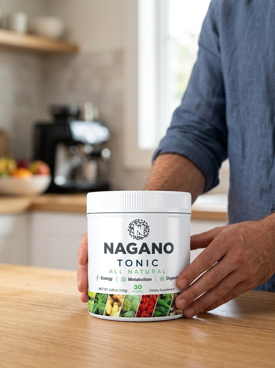 Nagano Tonic bottle held by man natural lighting