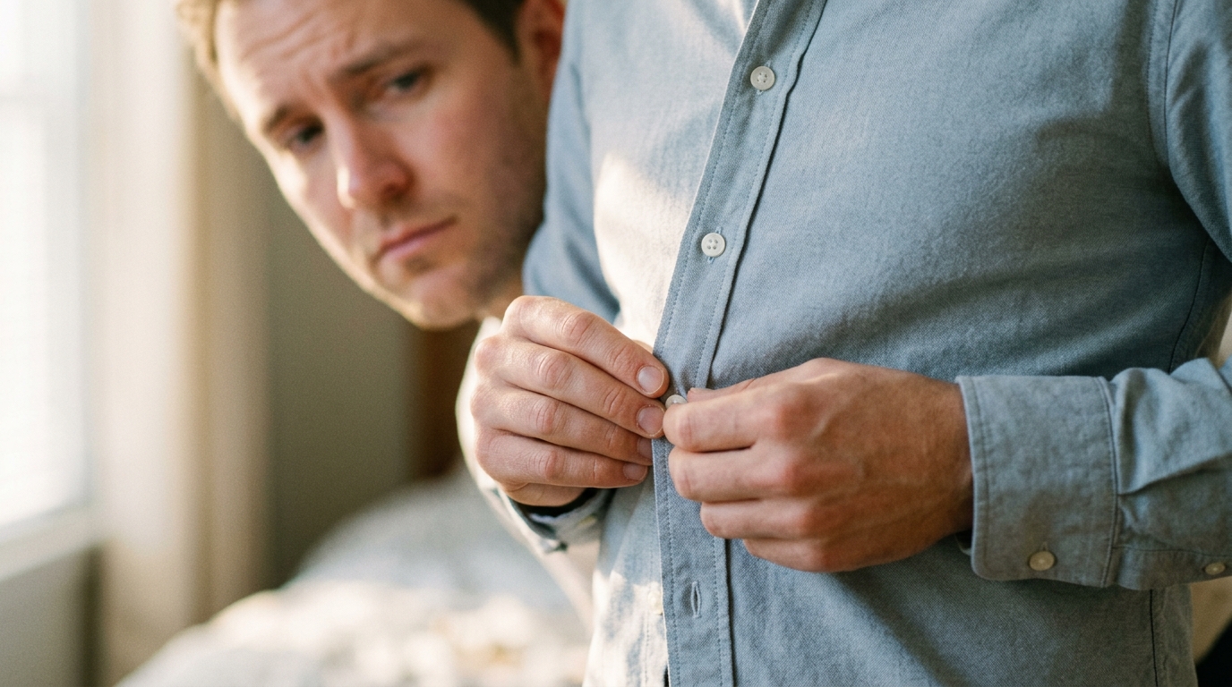 man buttoning shirt morning realization moment intimate