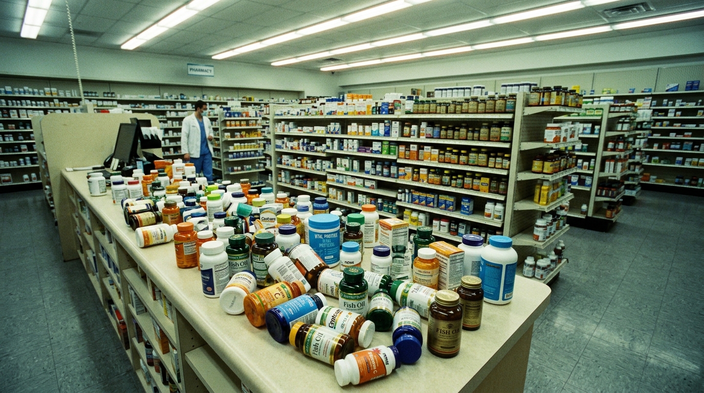 supplement bottles pharmacy counter fluorescent lighting clinical