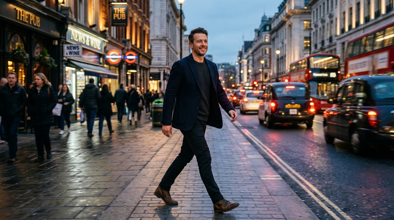 man walking confidently urban street dusk city lights