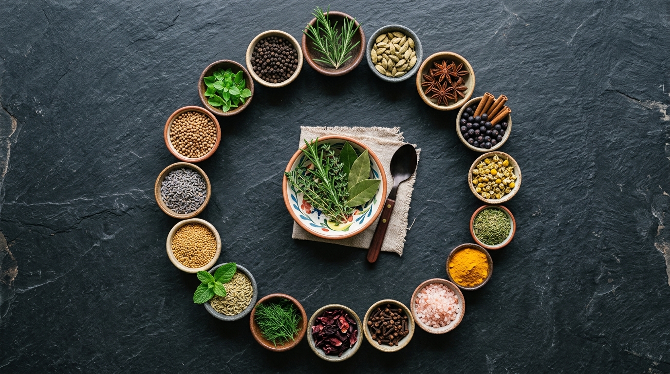 natural ingredients circular arrangement stone surface overhead