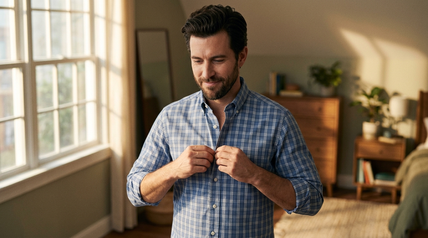 man buttoning fitted shirt morning satisfaction confident