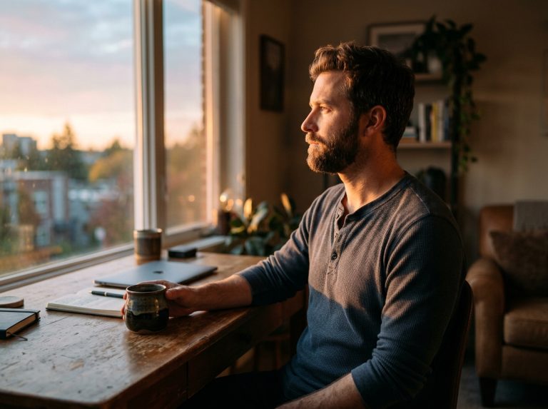 man contemplating morning energy levels thoughtfully