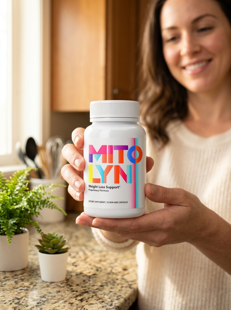 Mitolyn supplement bottle held by woman morning light