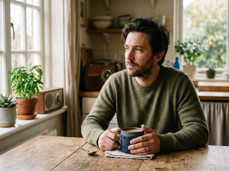 thoughtful man with coffee contemplating morning thoughts