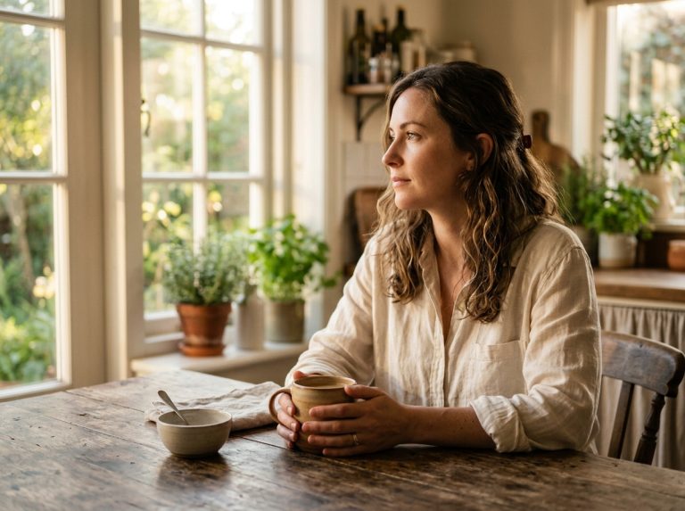 woman contemplating at kitchen table morning light