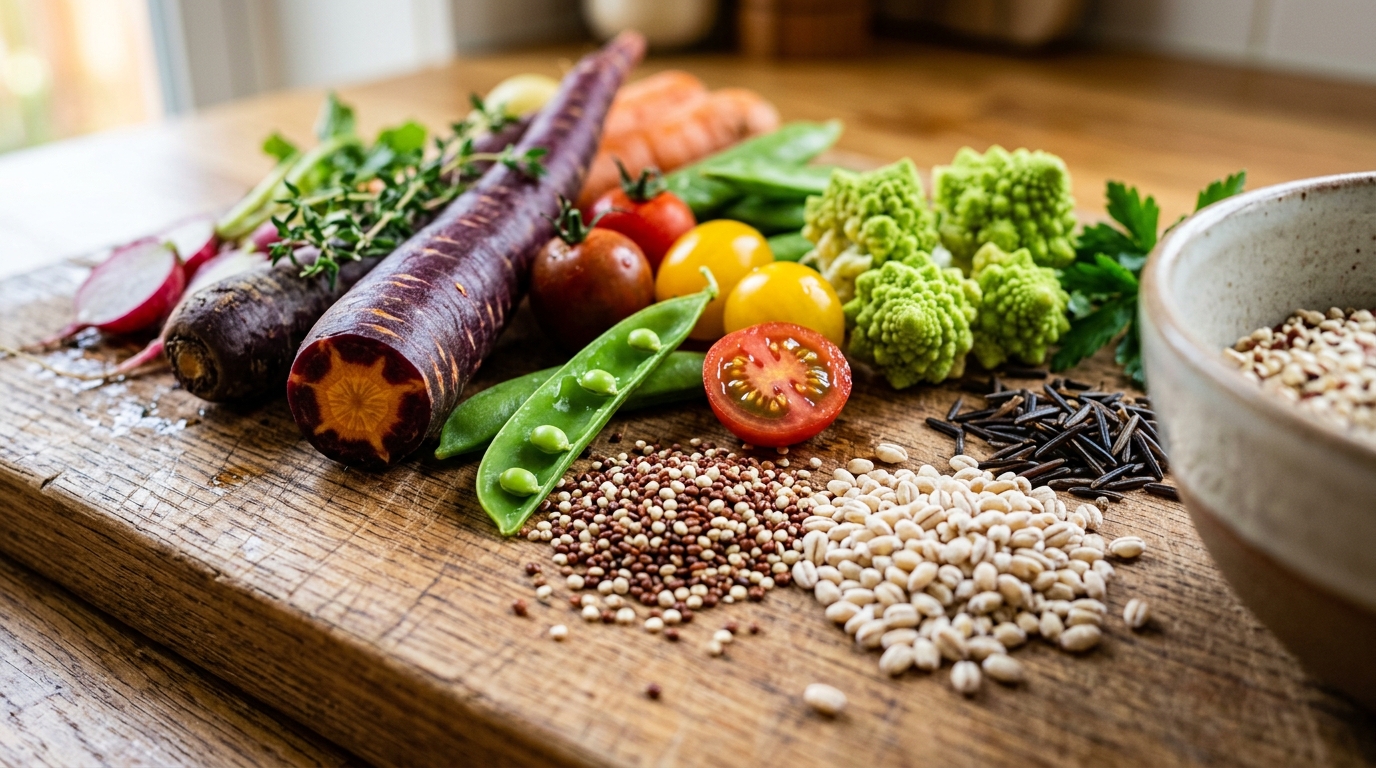 colorful plant based ingredients macro detail wooden surface