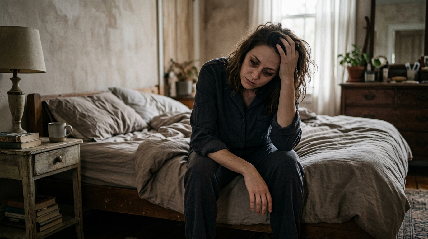 woman experiencing cellular fatigue soft bedroom lighting