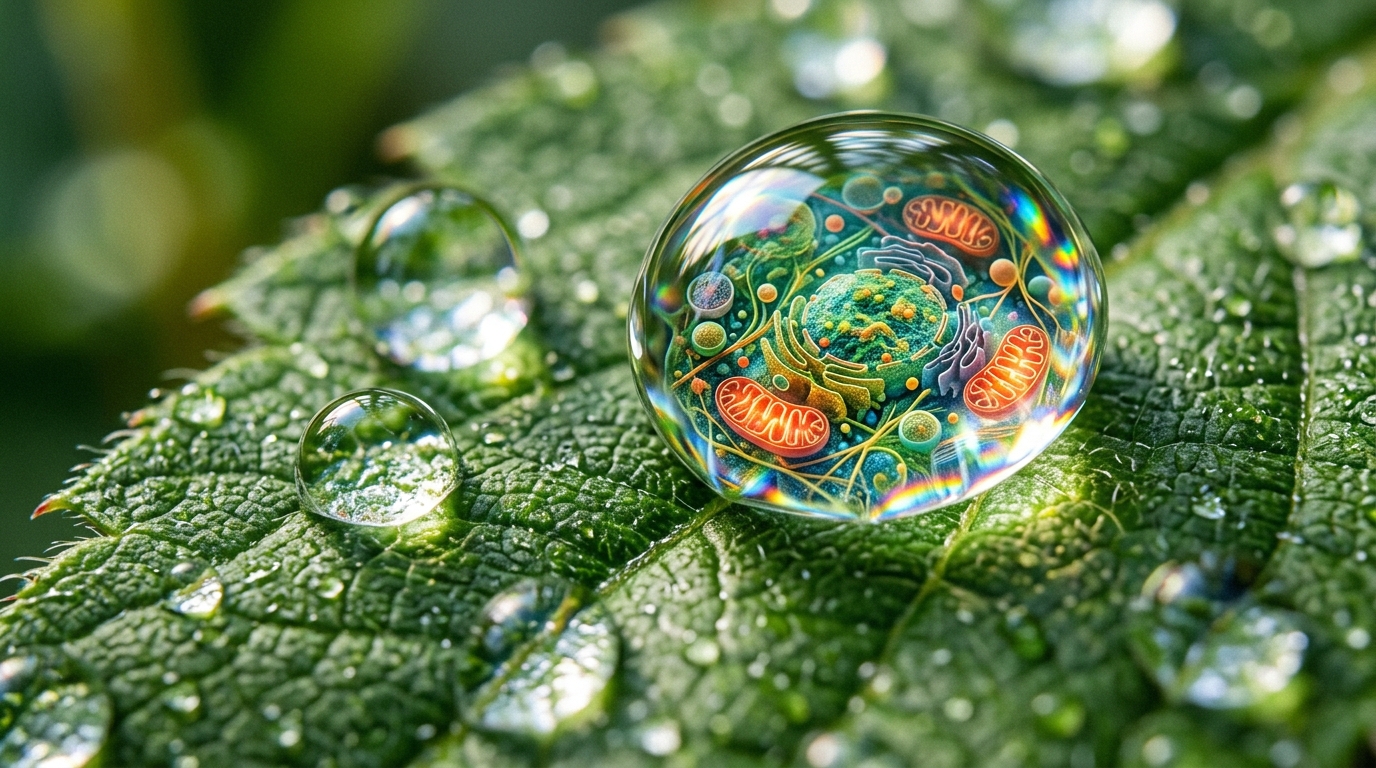water droplets on leaves suggesting cellular structures