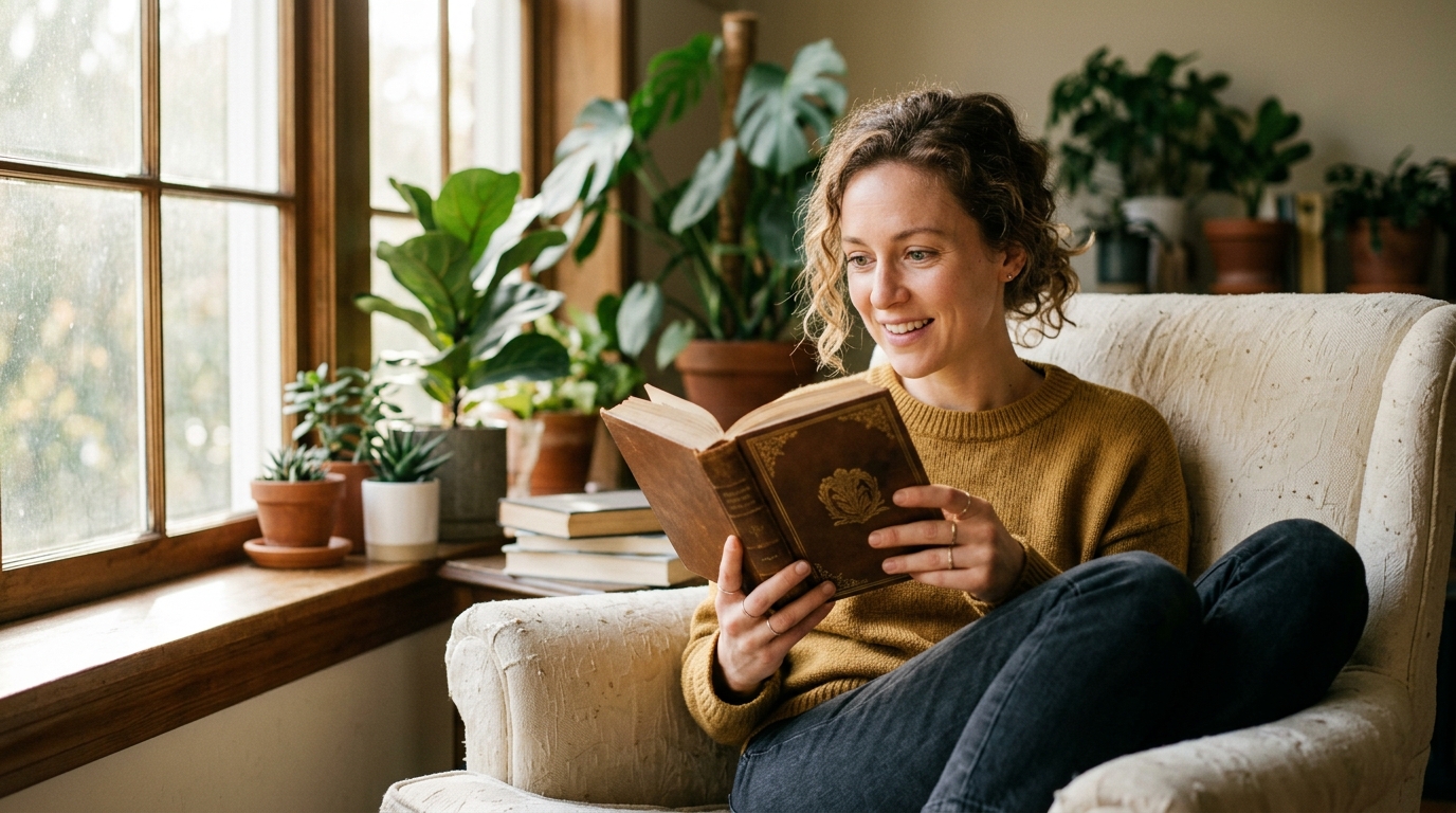 woman reading by window natural morning light