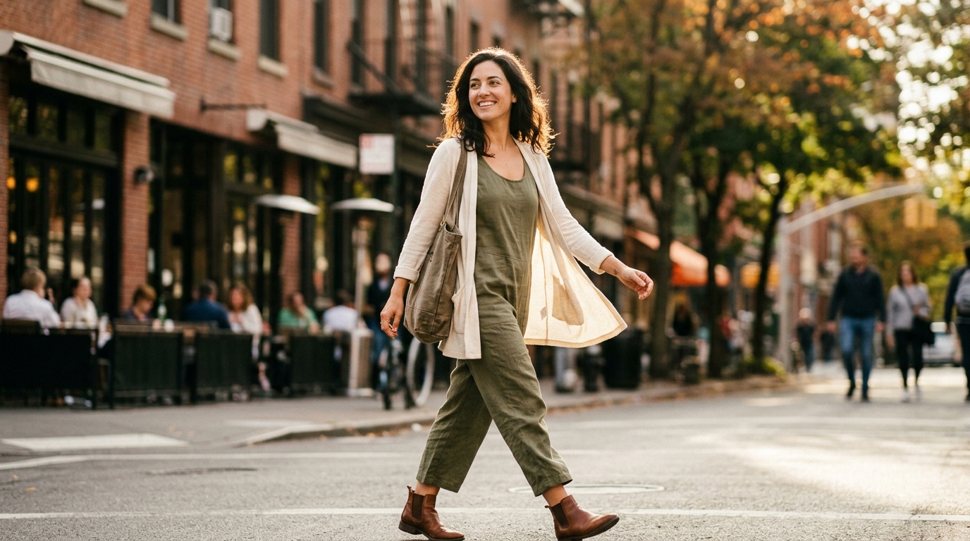confident woman walking in golden sunlight urban setting