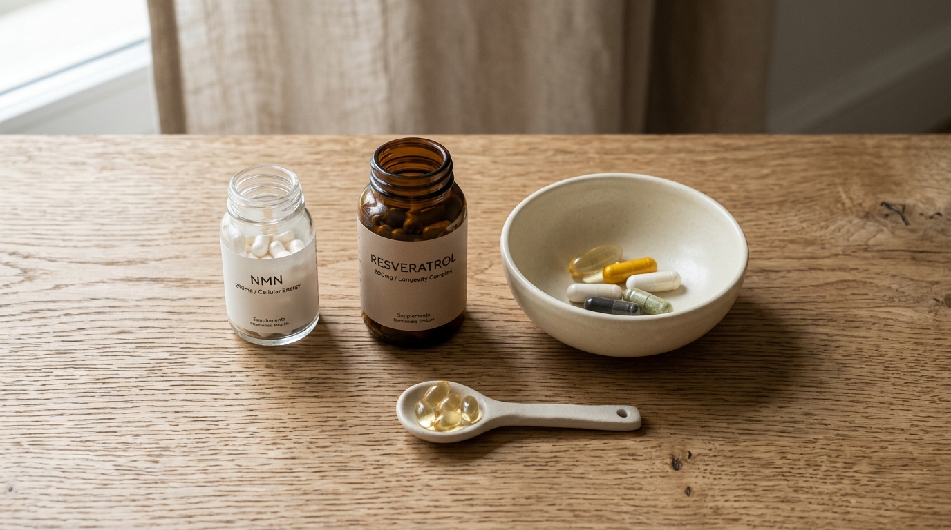 minimal supplement arrangement on wood surface