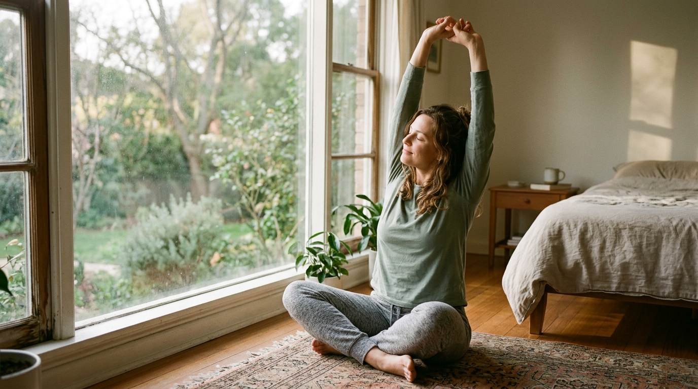 woman stretching peacefully by window morning natural light