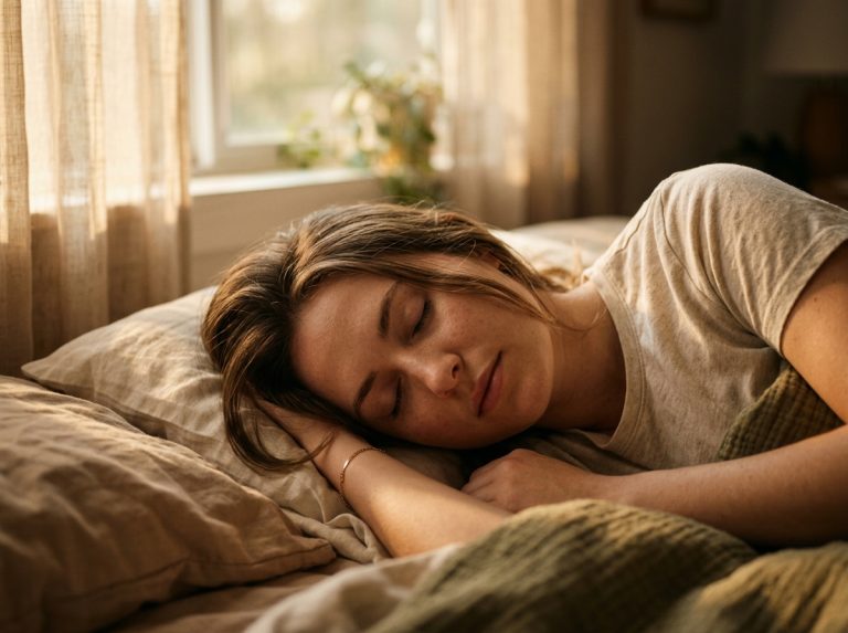 peaceful woman sleeping in golden morning light