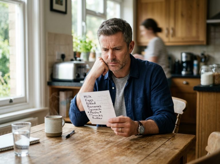man looking at grocery list contemplatively