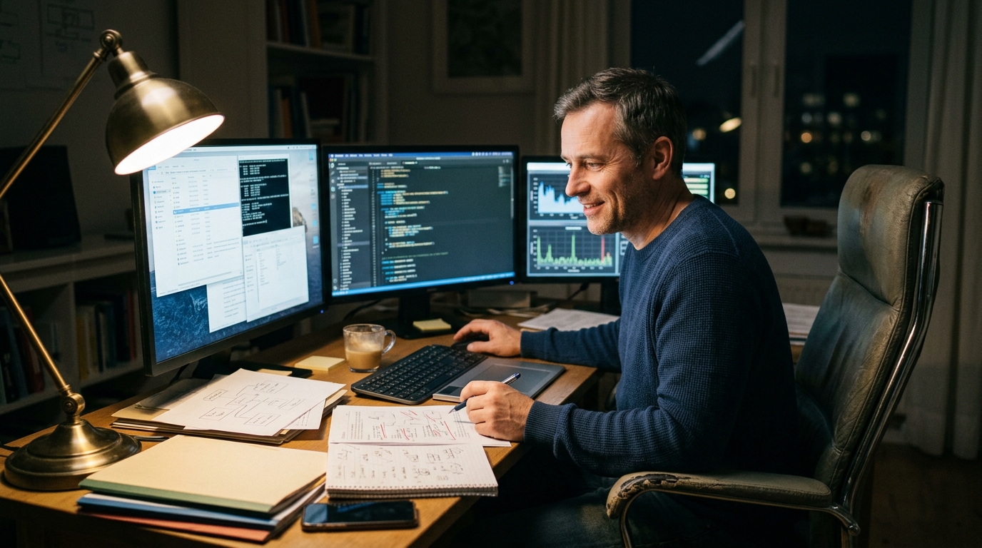 focused man working on complex project confidently
