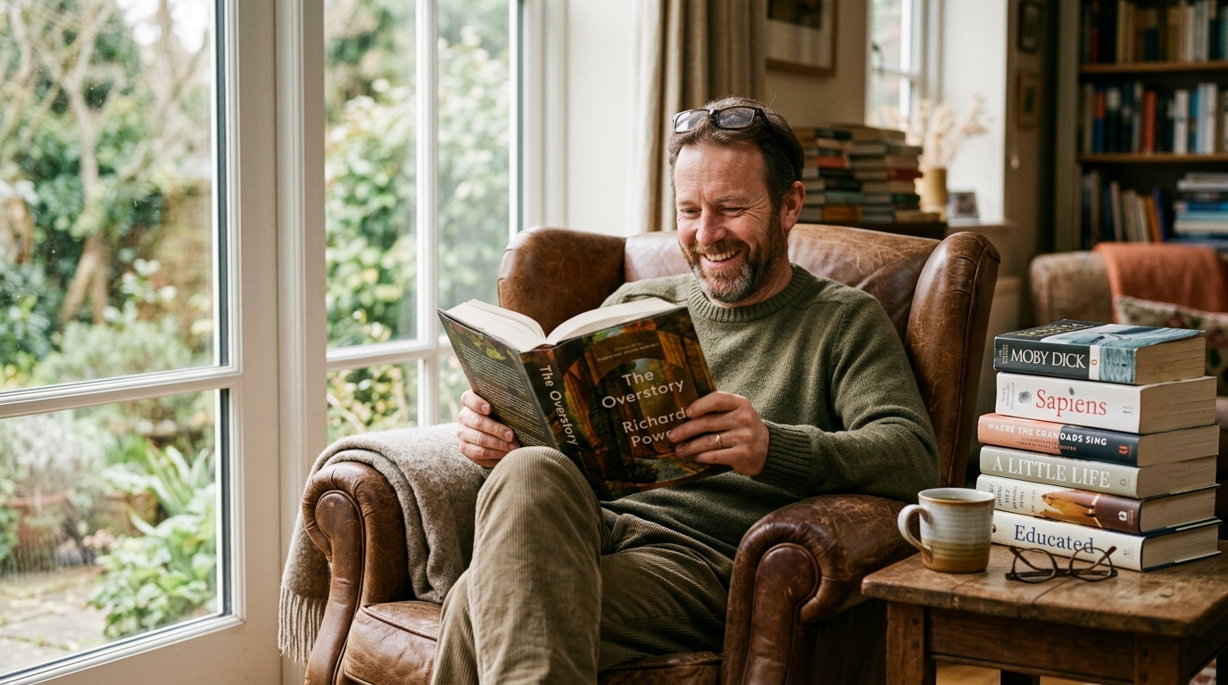 man enjoying reading with genuine focus