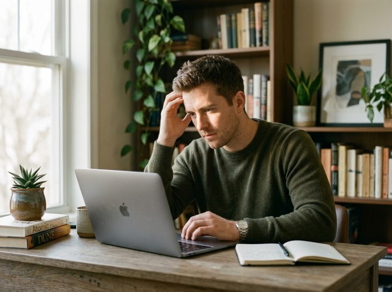 focused man at desk morning light concentration