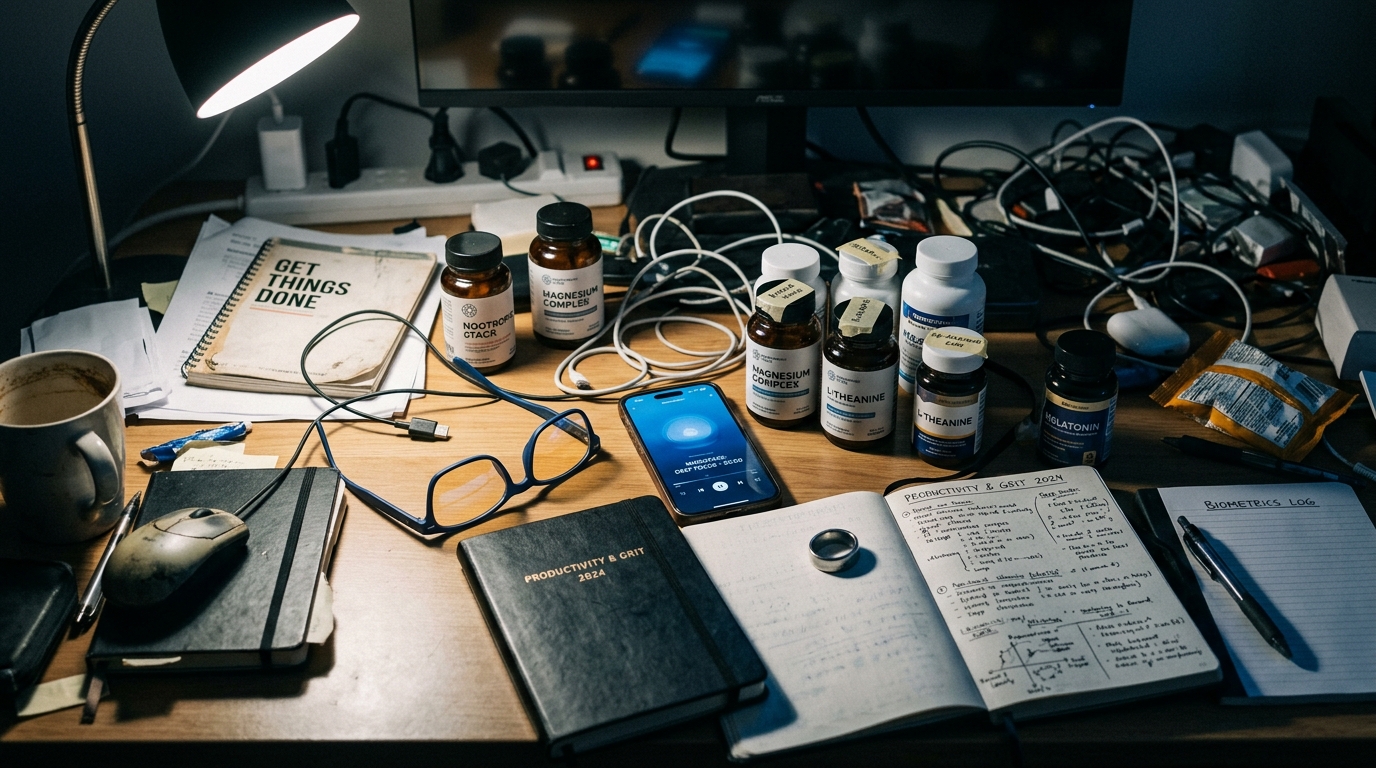 scattered biohacking tools devices desk overwhelming