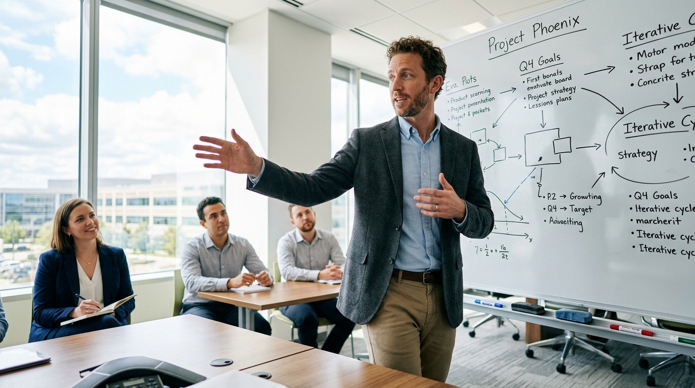 confident man presenting whiteboard complex ideas