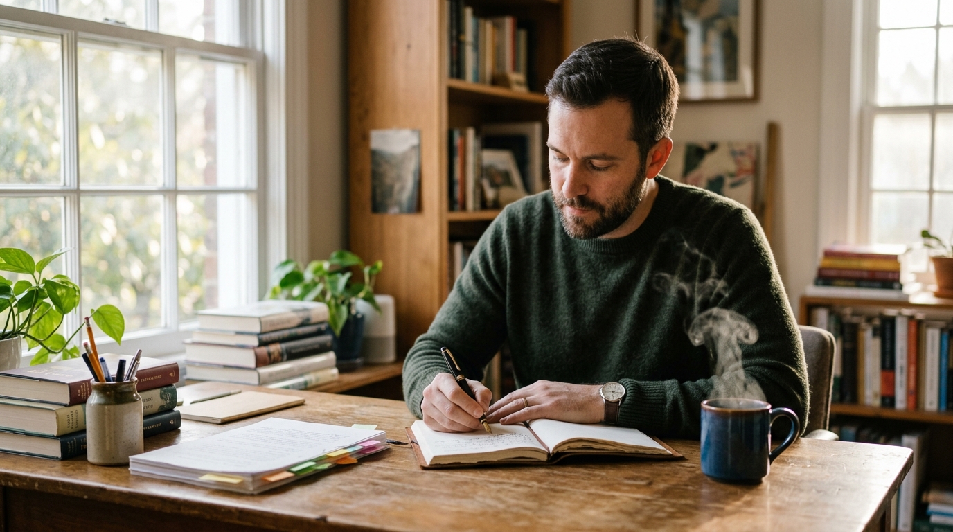 calm man writing journal morning light productivity